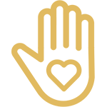 Yellow hand with a heart in the center symbolizing care and compassion on a blue background.