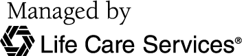 Logo of Life Care Services with text Managed by Life Care Services in black font.