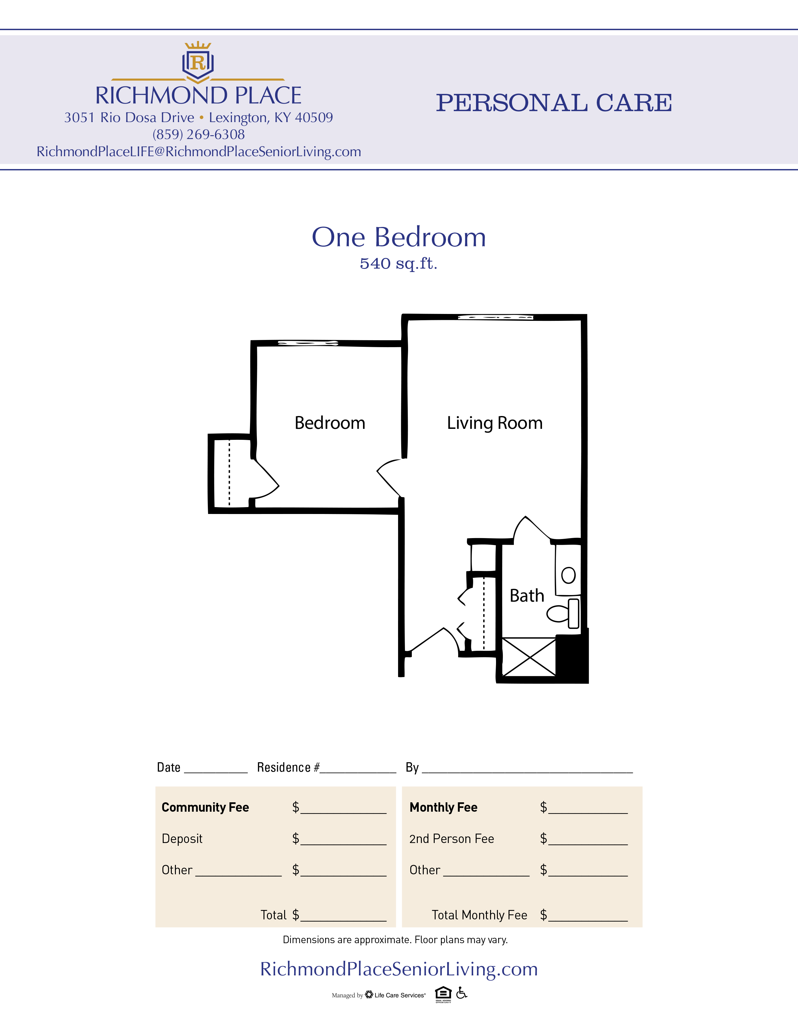 Floor plan for a one-bedroom unit with 540 sq. ft. in Richmond Place community.