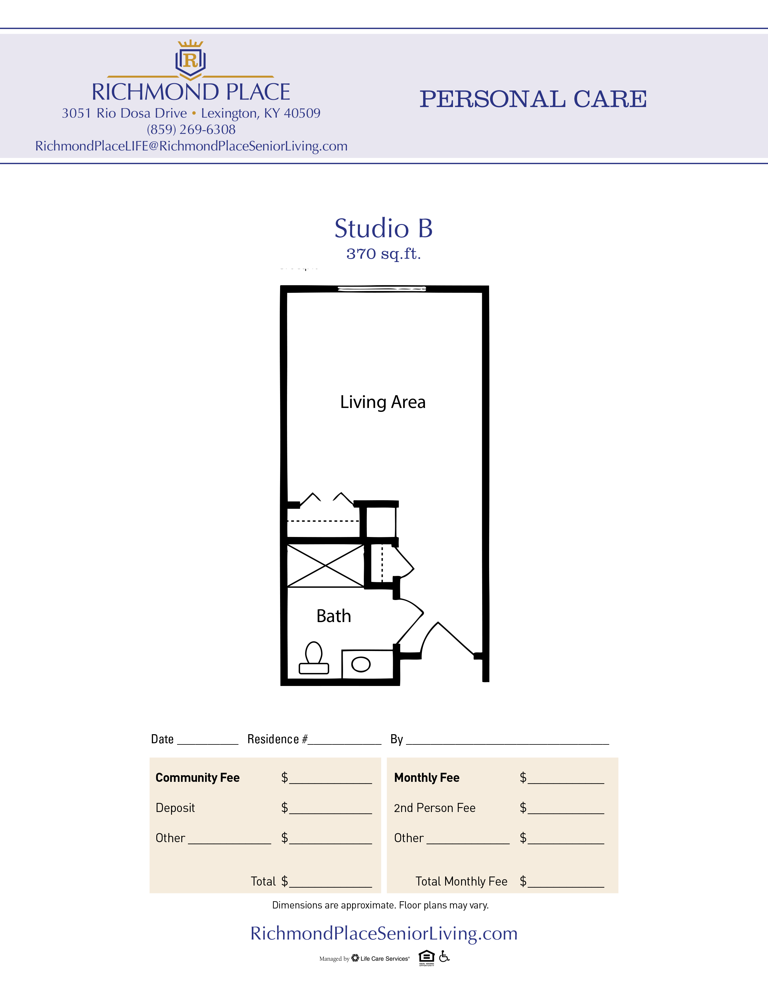 Floor plan for Studio B unit at Richmond Place Senior Living, 370 sq. ft. with bath and living area.