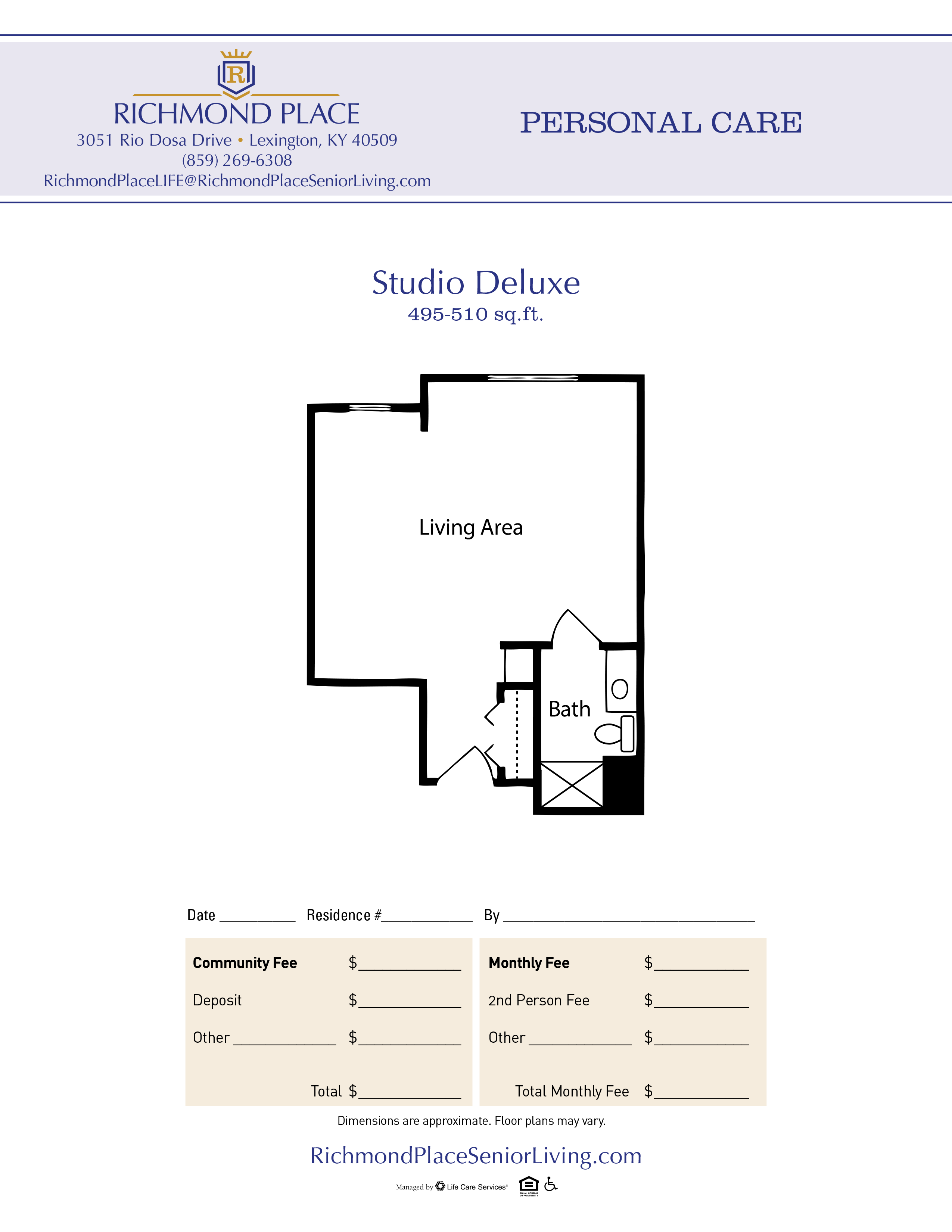 Floor plan for a Studio Deluxe unit, 495-510 sq.ft, at Richmond Place Personal Care.