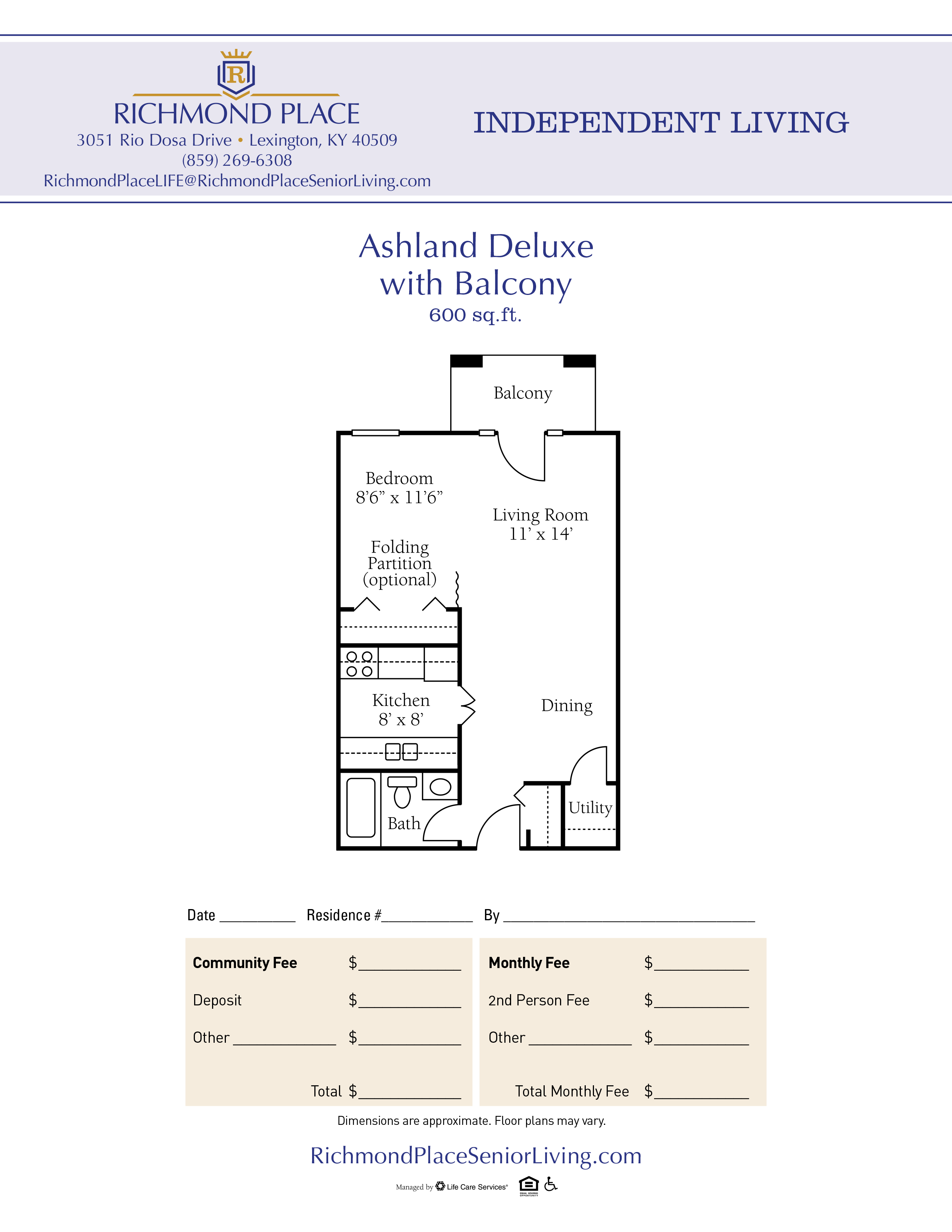 Floor plan of the Ashland Deluxe unit with balcony, Richmond Place Independent Living.