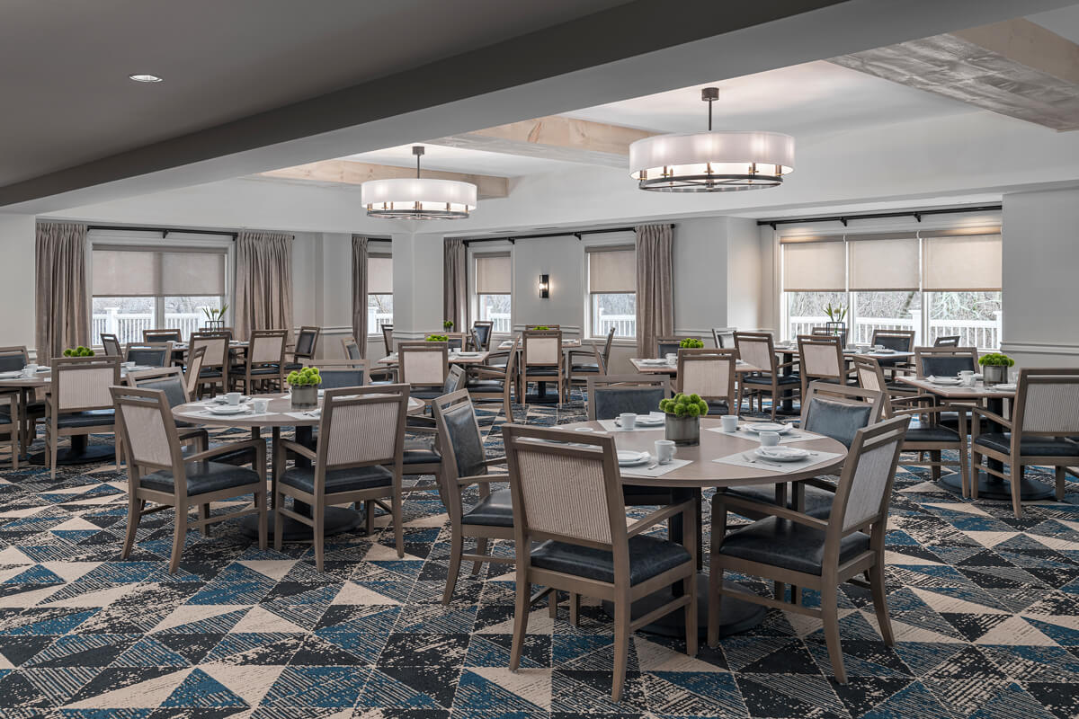 Dining area with modern decor at a senior living community in Lexington, KY.