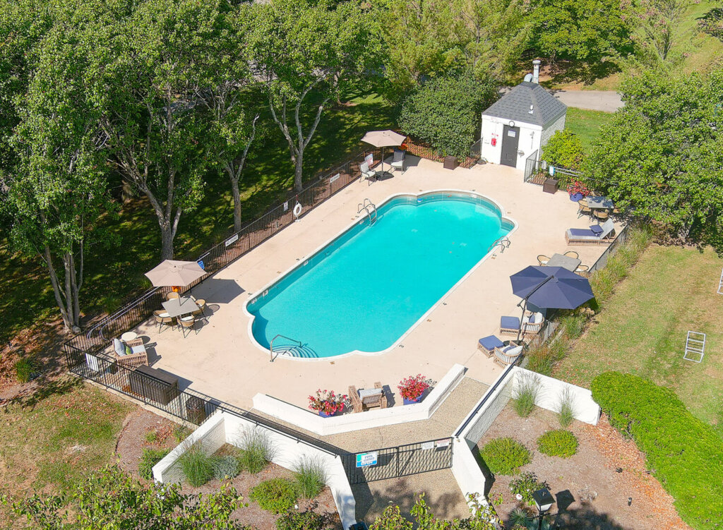 Aerial view of a swimming pool surrounded by trees and lounge chairs.